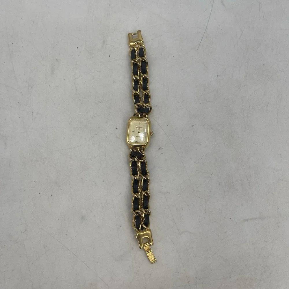 Saint Laurent Womens Watch 18mm Gold Tone Chain Black Leather Untested